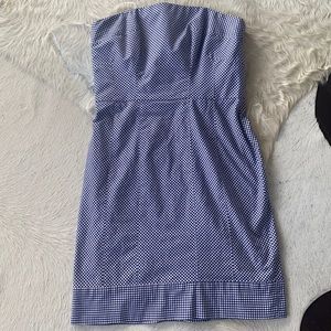 Navy and white gingham strapless mini dress